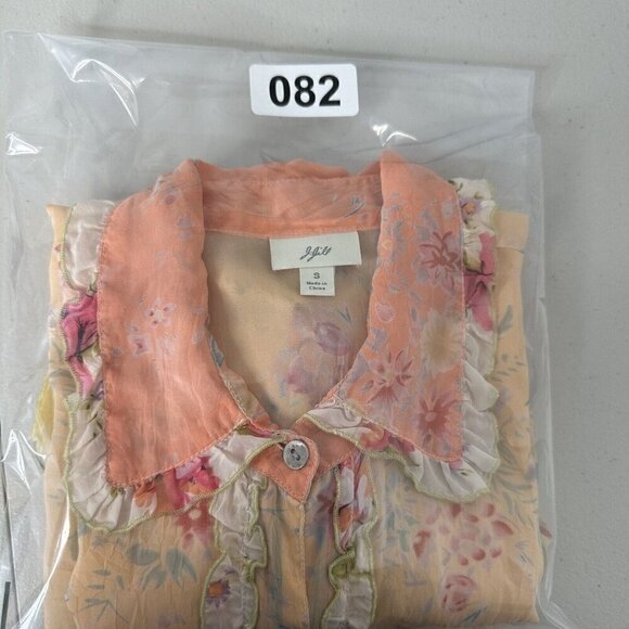 J Jill Ruffle Sheer Blouse Button Front Size S Floral Yellow Orange Cottagecore - Picture 13 of 14
